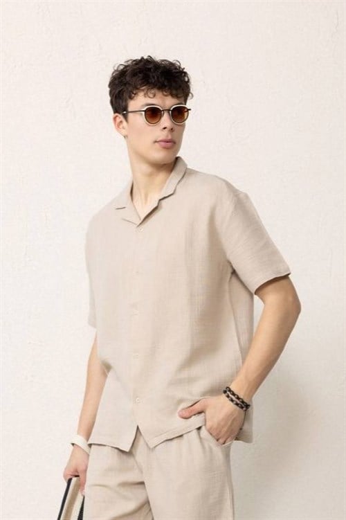 Wholesale Mens Light Beige Muslin Resort Collar Shirt
