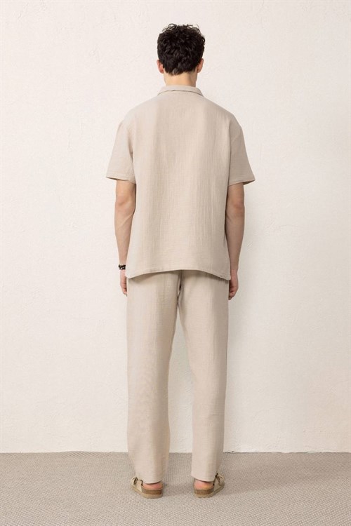 Wholesale Mens Light Beige Muslin Resort Collar Shirt