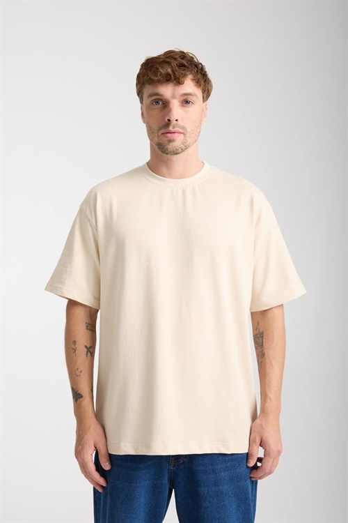 Wholesale Mens Light Beige Oversized Crew-Neck Basic T-Shirt