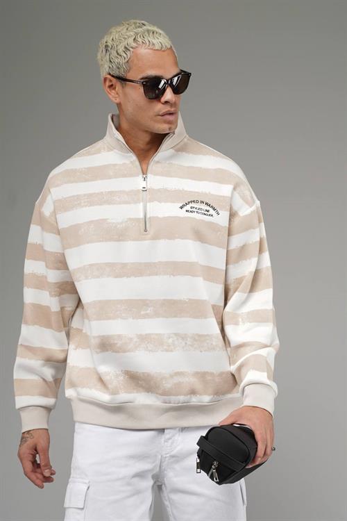 Wholesale Mens Light Beige Oversized Striped Sweatshirt 