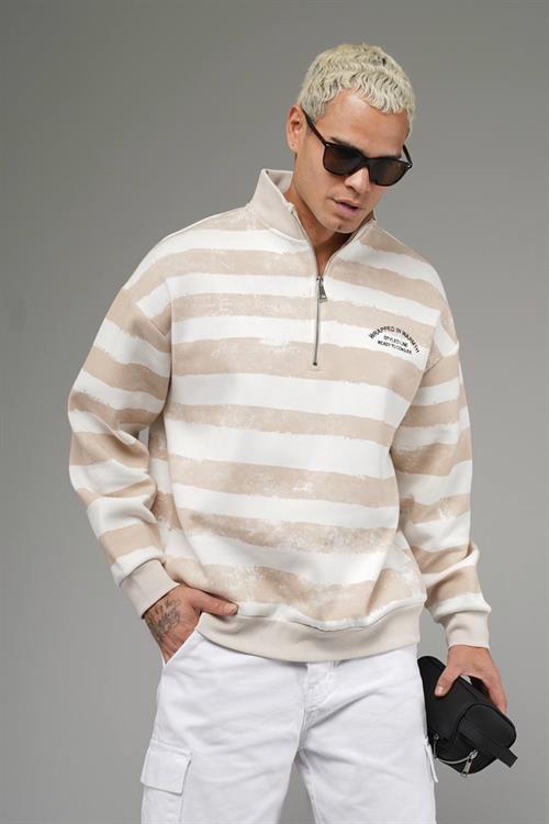 Wholesale Mens Light Beige Oversized Striped Sweatshirt 