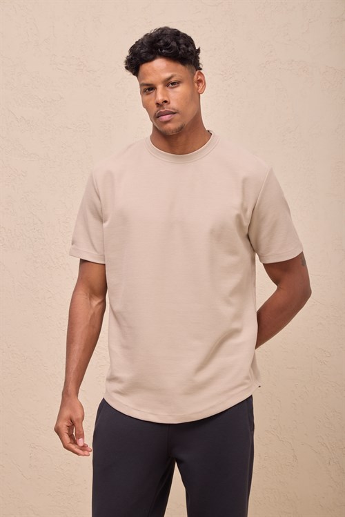Wholesale Mens Light Beige Regular Fit Double-Knit Crew-Neck T-Shirt