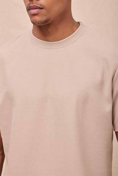 Wholesale Mens Light Beige Regular Fit Double-Knit Crew-Neck T-Shirt
