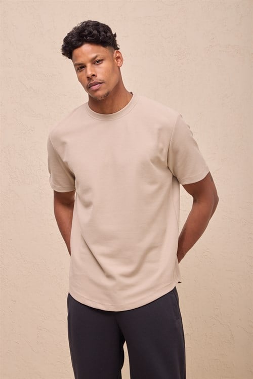 Wholesale Mens Light Beige Regular Fit Double-Knit Crew-Neck T-Shirt