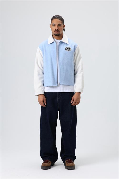 Wholesale Mens Light Blue Zip-Up Varsity Jacket