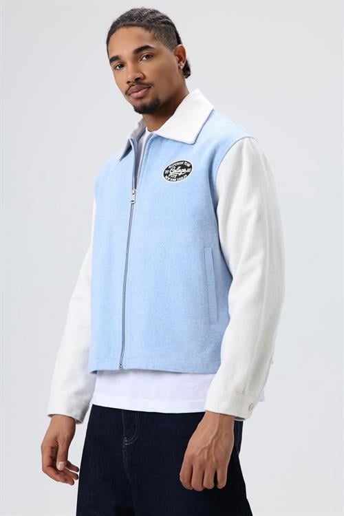 Wholesale Mens Light Blue Zip-Up Varsity Jacket