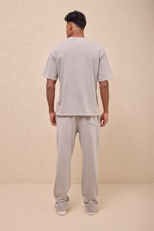 Wholesale Mens Light Gray Relax Fit Acid Washed T-Shirt and Sweatpants Set