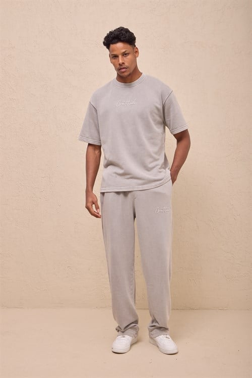 Wholesale Mens Light Gray Relax Fit Acid Washed T-Shirt and Sweatpants Set