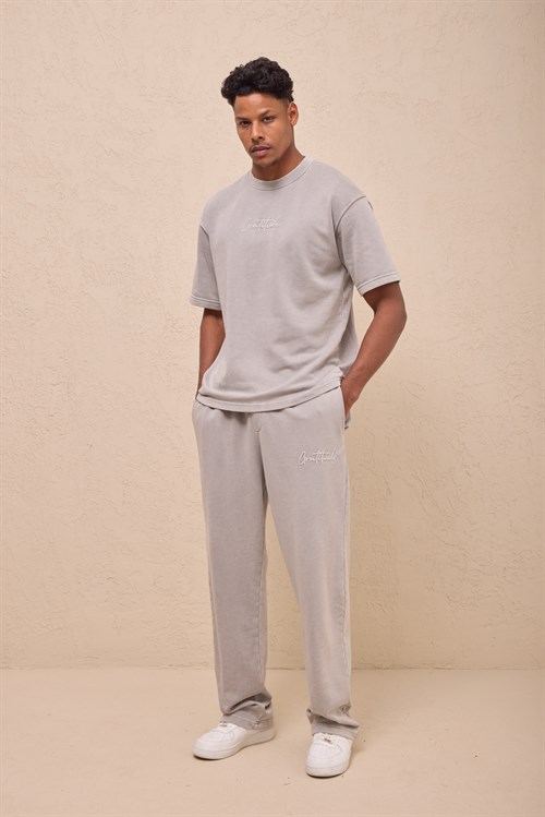 Wholesale Mens Light Gray Relax Fit Acid Washed T-Shirt and Sweatpants Set
