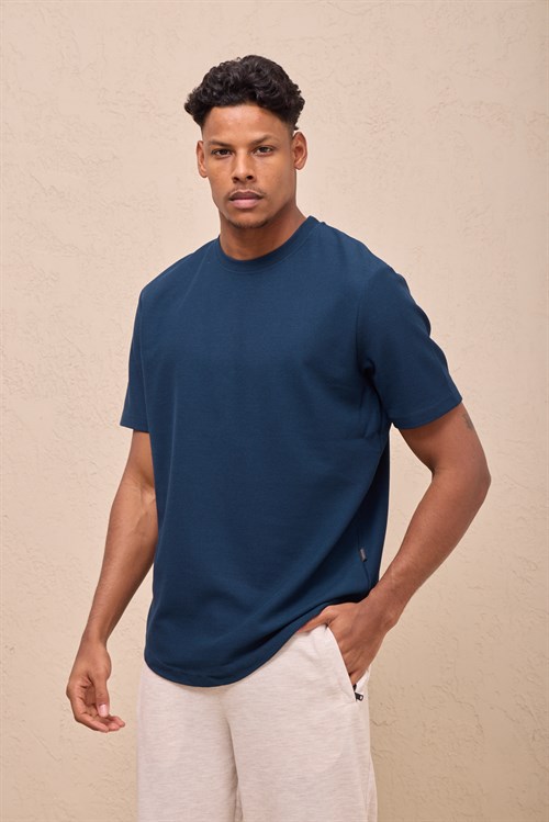 Wholesale Mens Navy Blue Regular Fit Double-Knit Crew-Neck T-Shirt