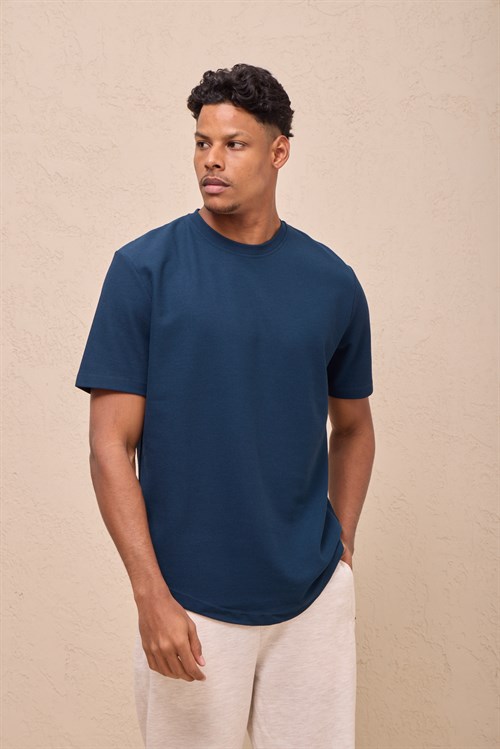 Wholesale Mens Navy Blue Regular Fit Double-Knit Crew-Neck T-Shirt