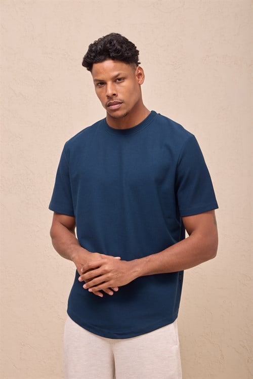 Wholesale Mens Navy Blue Regular Fit Double-Knit Crew-Neck T-Shirt