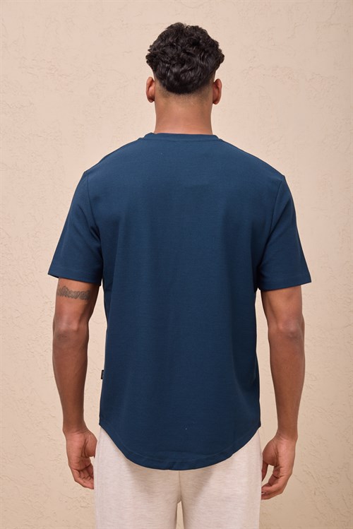Wholesale Mens Navy Blue Regular Fit Double-Knit Crew-Neck T-Shirt