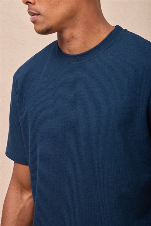 Wholesale Mens Navy Blue Regular Fit Double-Knit Crew-Neck T-Shirt