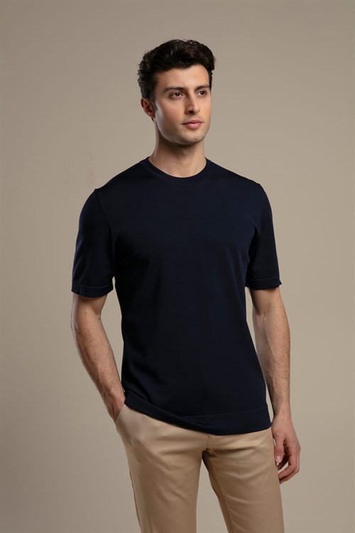 Wholesale Mens Navy Knit Crew-Neck T-Shirt