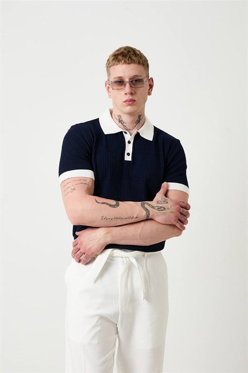 Wholesale Mens Navy Knit Polo Shirt