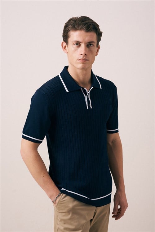 Wholesale Mens Navy Knit Polo T-Shirt