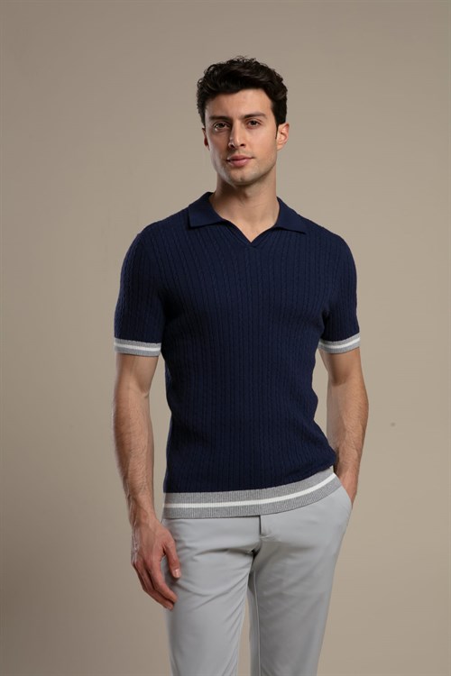 Wholesale Mens Navy Knit Polo T-Shirt
