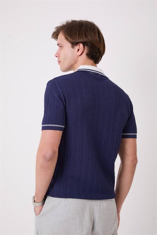 Wholesale Mens Navy Knit Polo T-Shirt