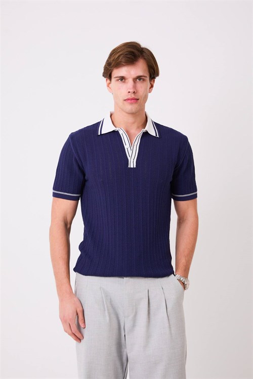 Wholesale Mens Navy Knit Polo T-Shirt