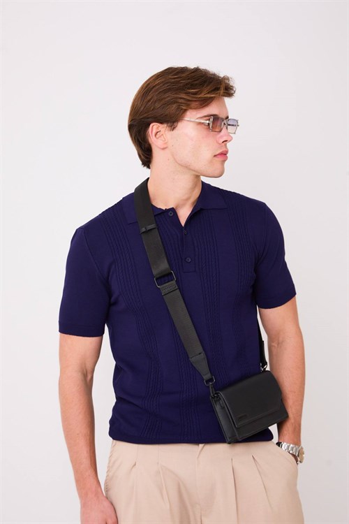 Wholesale Mens Navy Knit Polo T-Shirt