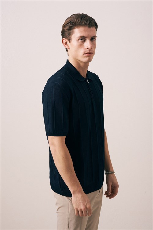 Wholesale Mens Navy Knit Polo T-Shirt