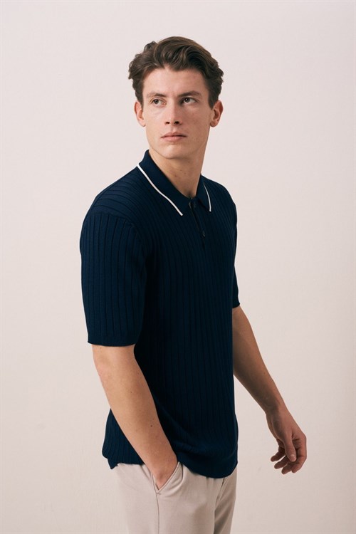 Wholesale Mens Navy Knit Polo T-Shirt