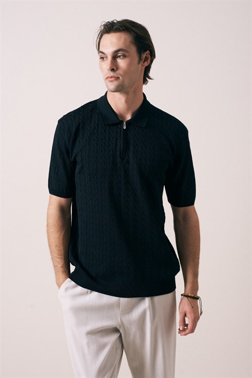 Wholesale Mens Navy Knit Polo T-Shirt