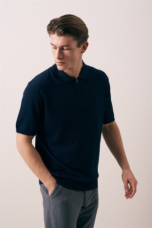 Wholesale Mens Navy Knit Polo T-Shirt