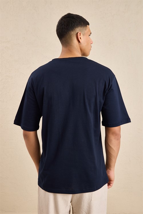 Wholesale Mens Navy Relax Fit Basic T-Shirt with Raw-Edge Neckline