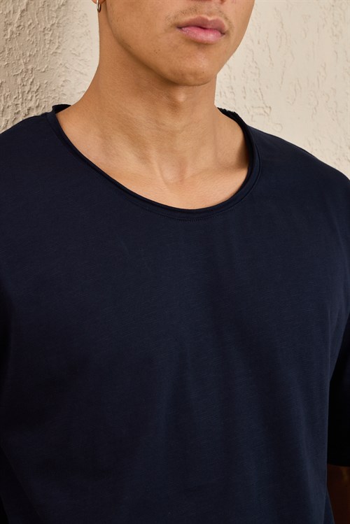 Wholesale Mens Navy Relax Fit Basic T-Shirt with Raw-Edge Neckline