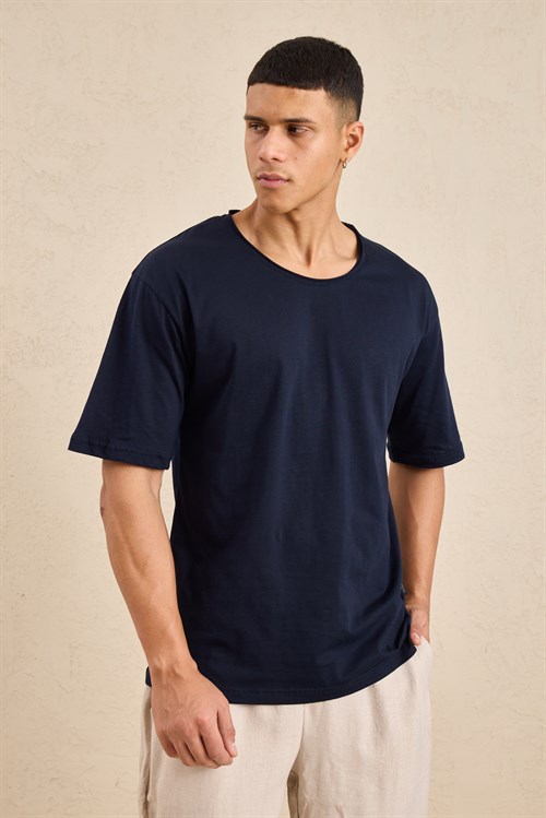 Wholesale Mens Navy Relax Fit Basic T-Shirt with Raw-Edge Neckline