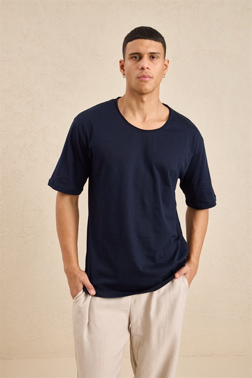 Wholesale Mens Navy Relax Fit Basic T-Shirt with Raw-Edge Neckline