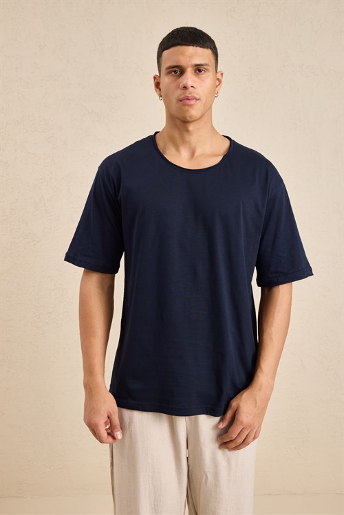 Wholesale Mens Navy Relax Fit Basic T-Shirt with Raw-Edge Neckline