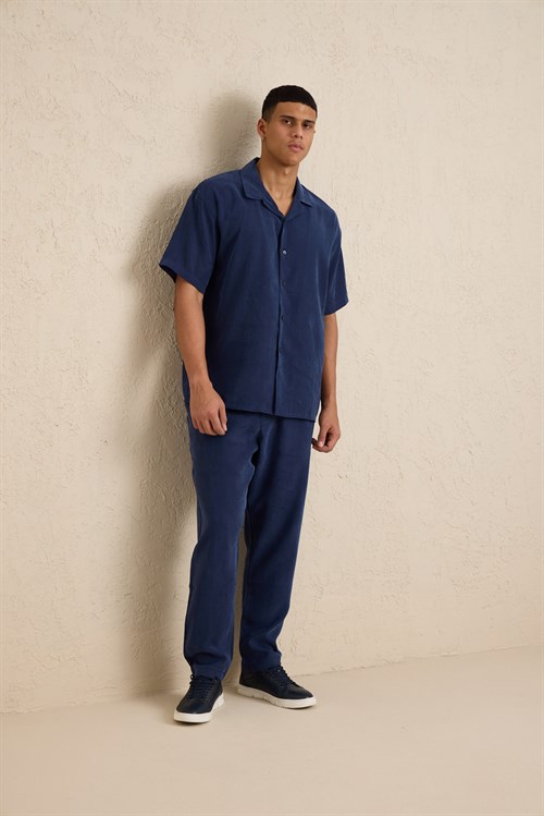 Wholesale Mens Navy Relax Fit Cupra Shirt and Pants Set