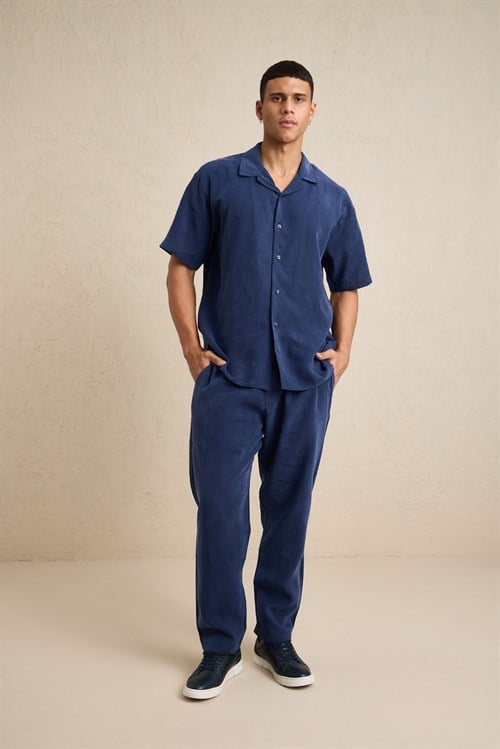 Wholesale Mens Navy Relax Fit Cupra Shirt and Pants Set