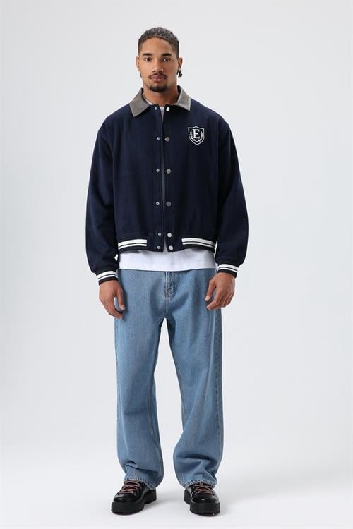 Wholesale Mens Navy Snap-Up Varsity Jacket