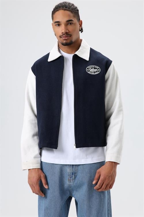 Wholesale Mens Navy Zip-Up Varsity Jacket