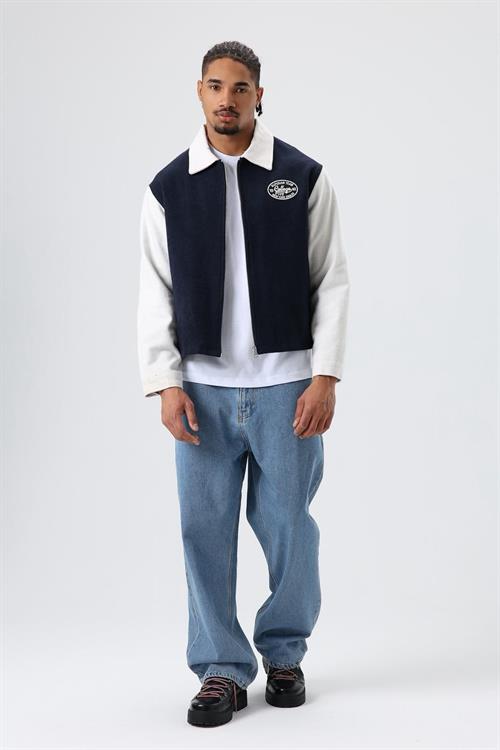 Wholesale Mens Navy Zip-Up Varsity Jacket