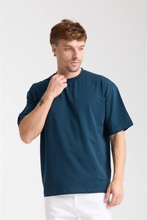 Wholesale Mens Petrol Oversized Crew-Neck Basic T-Shirt