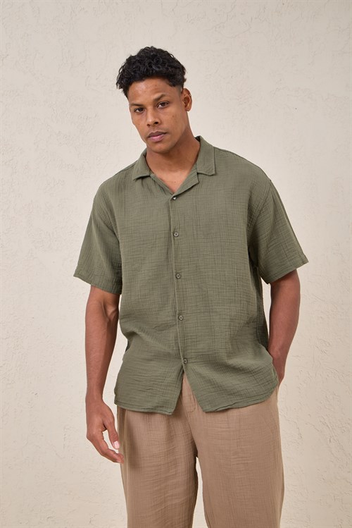 Wholesale Mens Sage Muslin Resort Collar Shirt