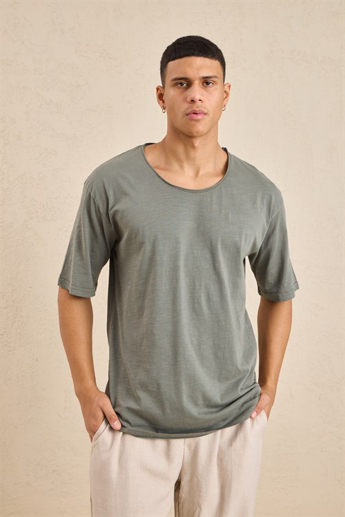 Wholesale Mens Sage Relax Fit Basic T-Shirt with Raw-Edge Neckline
