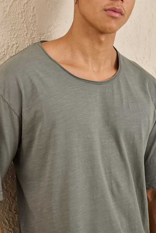 Wholesale Mens Sage Relax Fit Basic T-Shirt with Raw-Edge Neckline