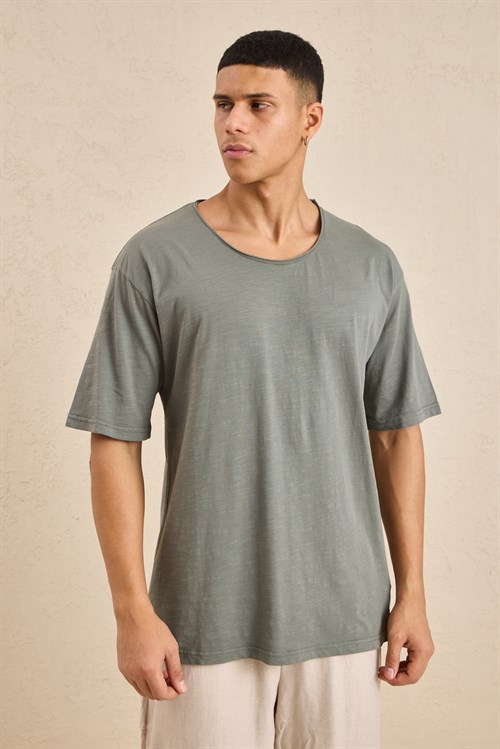 Wholesale Mens Sage Relax Fit Basic T-Shirt with Raw-Edge Neckline