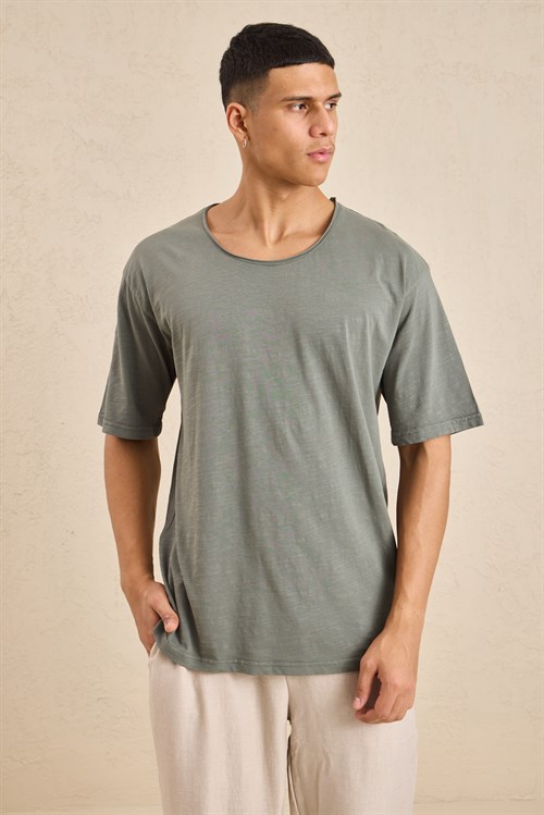 Wholesale Mens Sage Relax Fit Basic T-Shirt with Raw-Edge Neckline