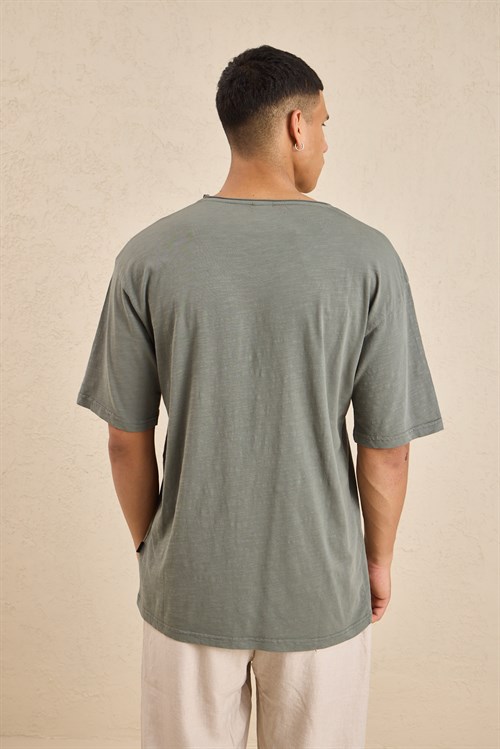 Wholesale Mens Sage Relax Fit Basic T-Shirt with Raw-Edge Neckline
