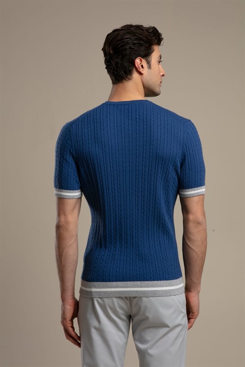Wholesale Mens Sax Blue Knit Crew-Neck T-Shirt