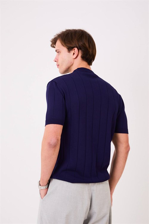 Wholesale Mens Sax Blue Knit Crew-Neck T-Shirt