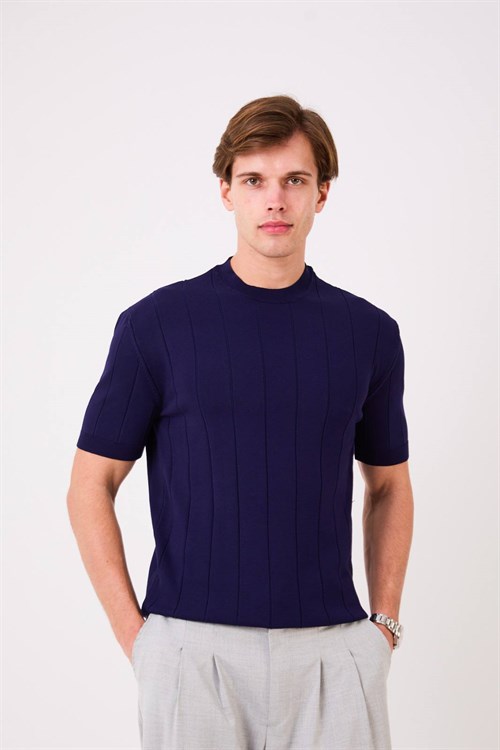 Wholesale Mens Sax Blue Knit Crew-Neck T-Shirt