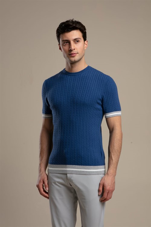 Wholesale Mens Sax Blue Knit Crew-Neck T-Shirt